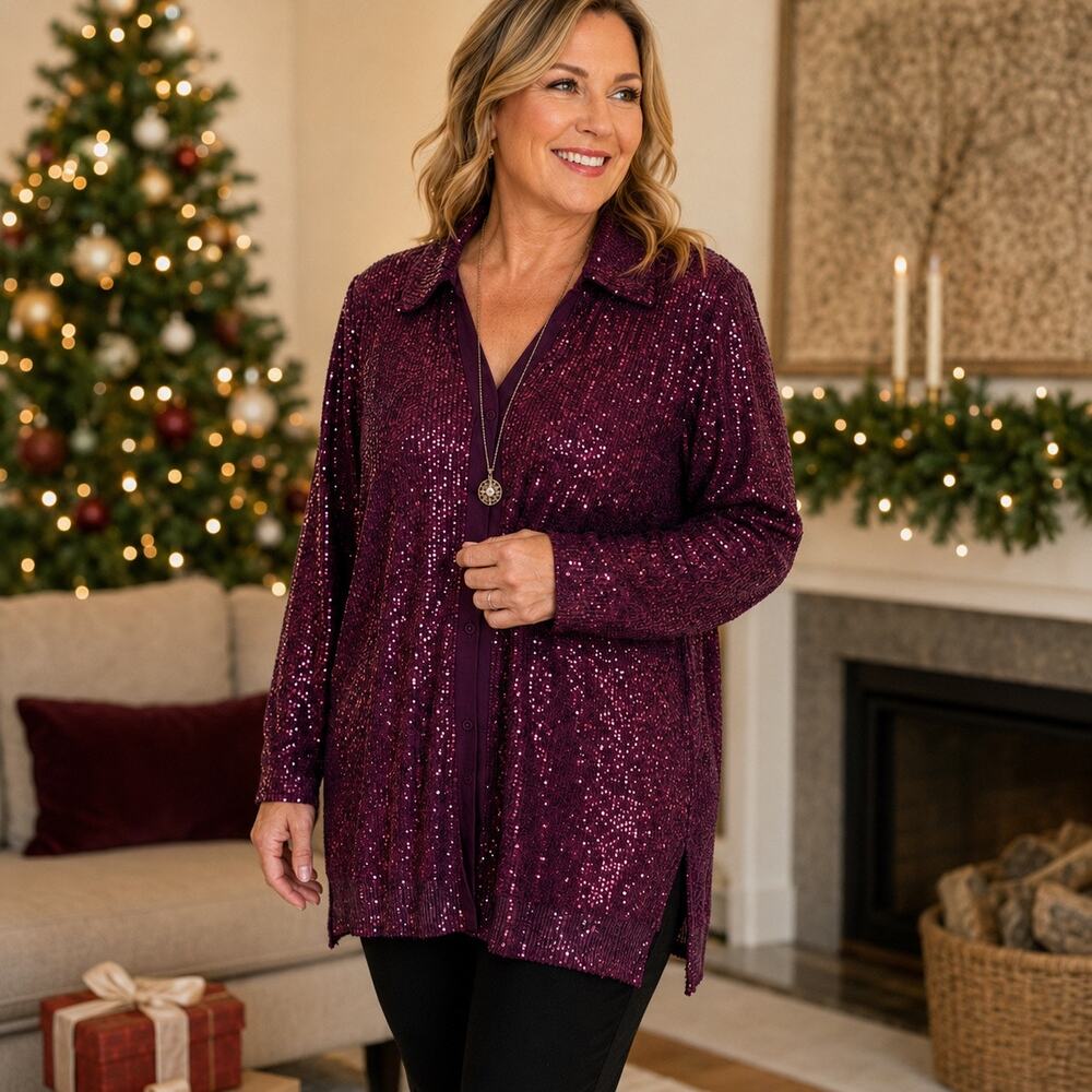 Nina Leonard 1X Plum Purple Sequin Button Front Tunic Cardigan Long Sleeve